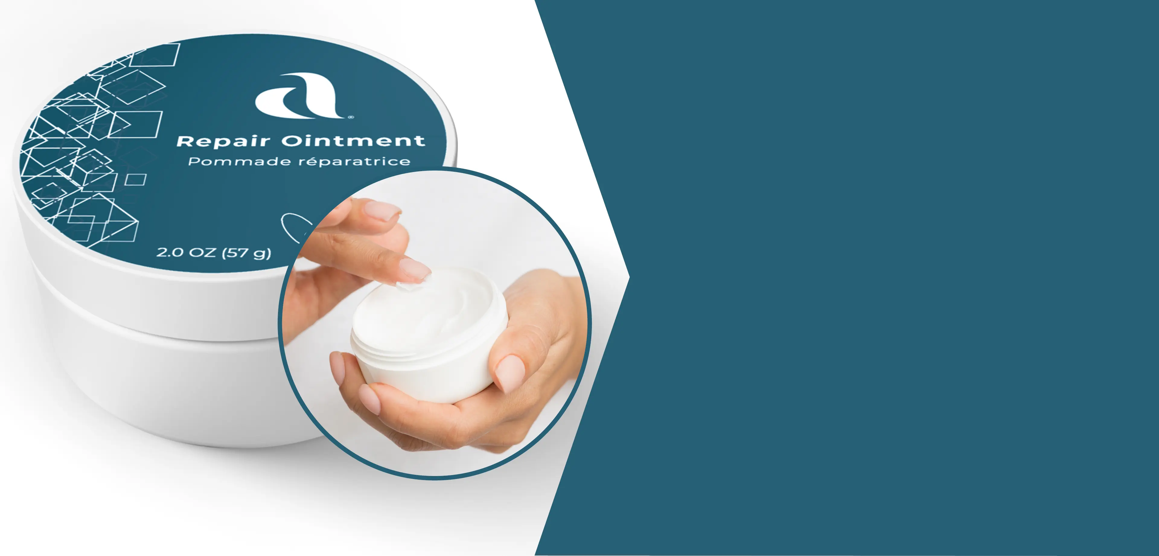 A picture of a container of Repair Ointment in a white plastic jar with a teal label and a picture of a woman's fingers dipping into a white cream.  The text reads 'NEW PRODUCT NOW AVAILABLE AIM Repair Ointment Skincare for All Ages and Skin Types'